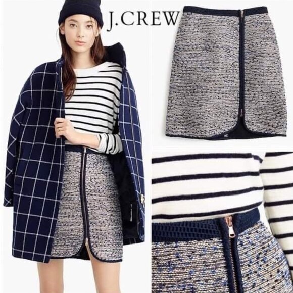 J.Crew | Navy Blue Metallic Tweed Gold Zipper Skirt |‎ Size 8 Women's - Picture 1 of 14